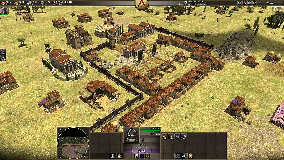 0 A.D.: a walled Spartan town with houses and a civic center, with resource counters along the top and a minimap in the corner