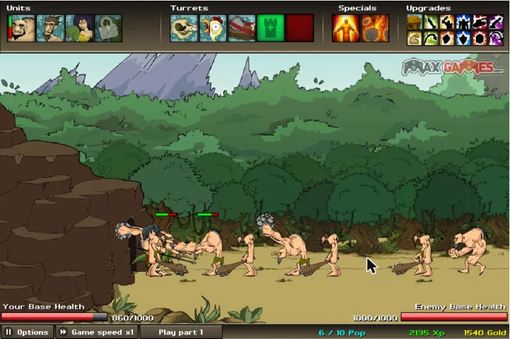 Age of War 2 gameplay: cavemen with clubs fight in front of the player's cave base, with unit, turret and upgrade buttons across the top