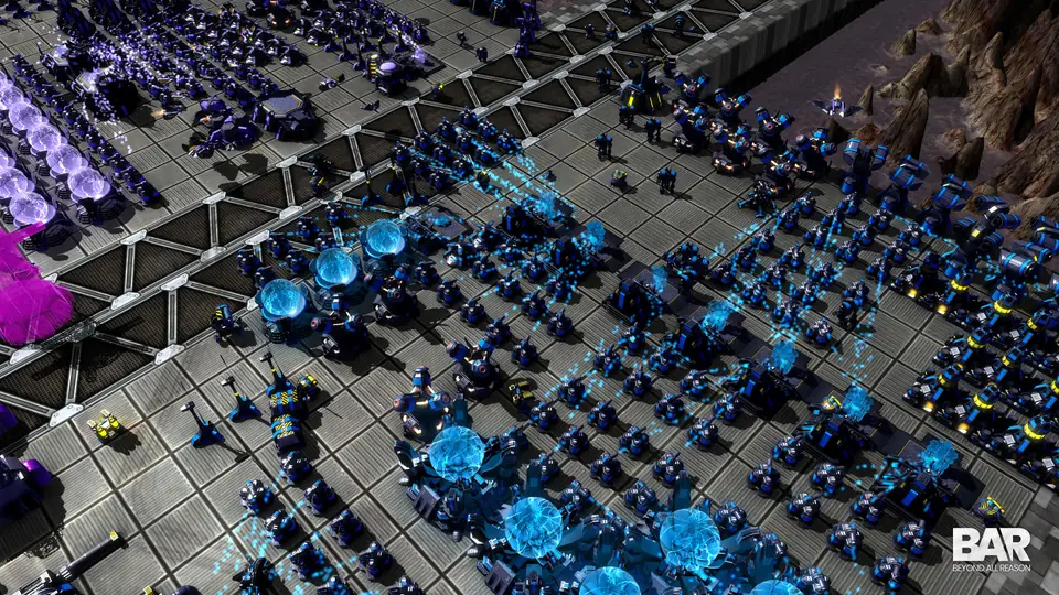 Beyond All Reason: hundreds of blue combat units and defensive structures packed across a metal base, seen from an angle above