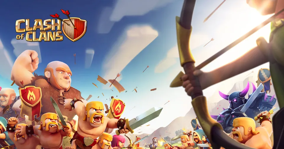 Clash of Clans promotional art: Barbarians, a Giant and an Archer charge forward beneath the game's logo