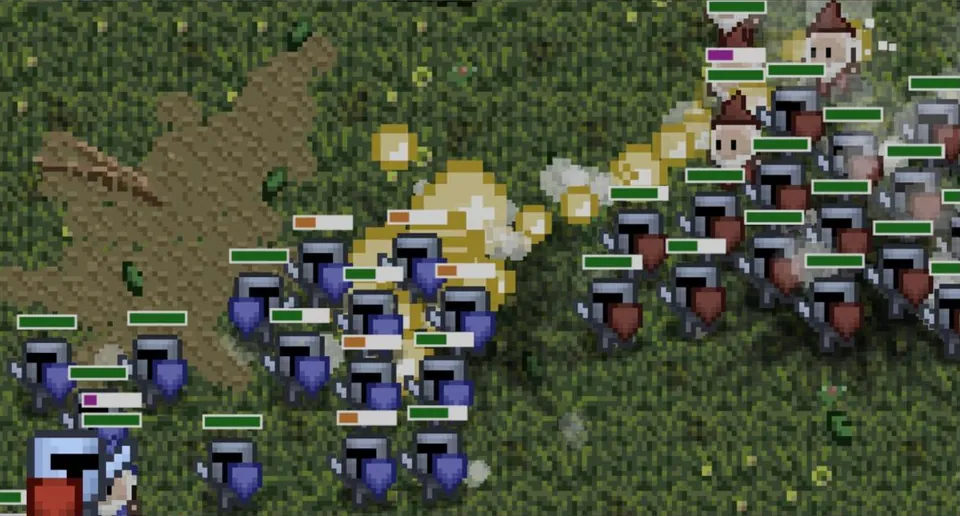 LittleWarGame: pixel-art knights in blue and red armor fight with health bars above their heads and an explosion between the two armies