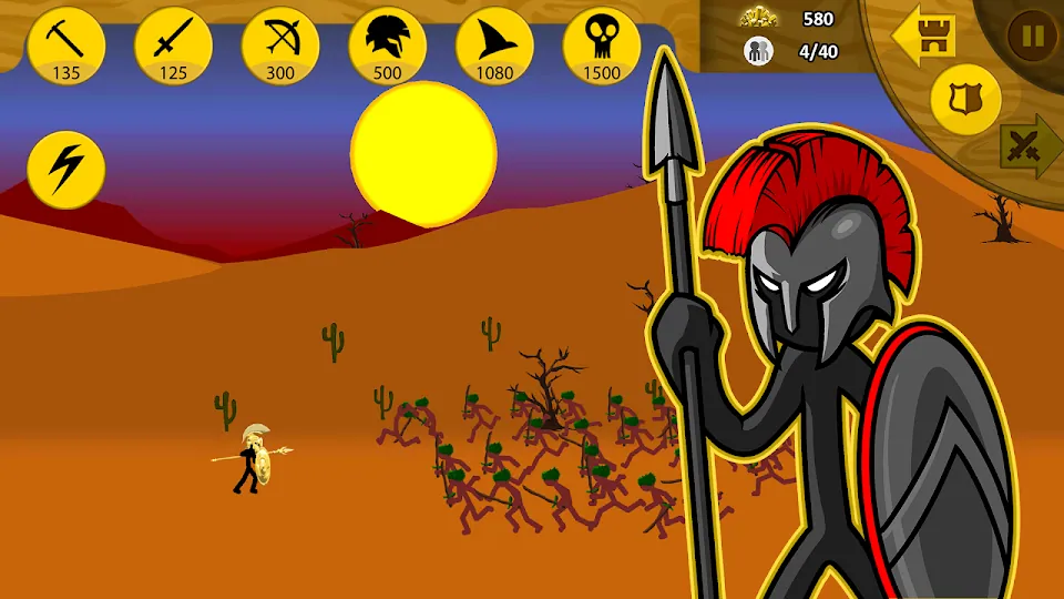 Stick War: Legacy: a stick-figure army fights across a desert at dusk while a giant spearman in a red-crested helmet fills the right of the frame
