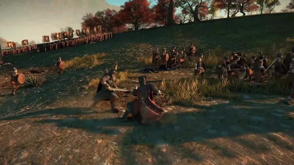 Total War: Three Kingdoms: two armies with banners clash on a hillside while commanders duel in the foreground