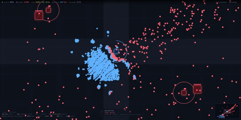 WarLegions mass battle: a dense blue legion meets scattered red enemy troops around red barracks on a dark top-down map